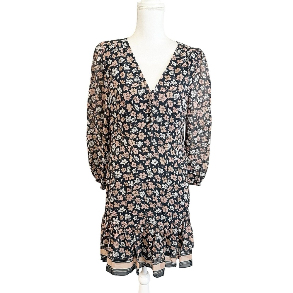 NWT Club Monaco Womens V-neck Paneled Silk Dress‎ Size 2 Pleat Drop Waist Hem